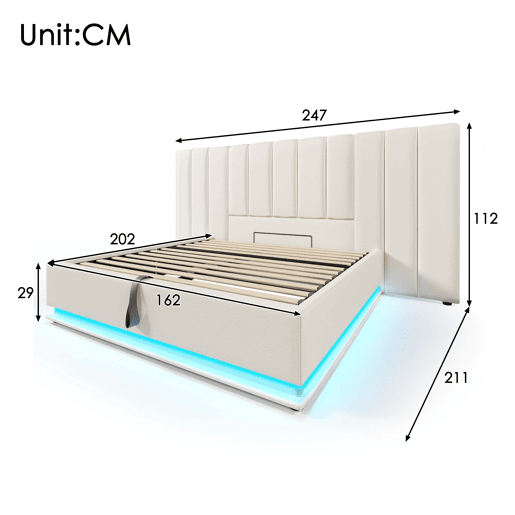 Cama de casal de pu 160x200cm com armazenamento e luz led,branco