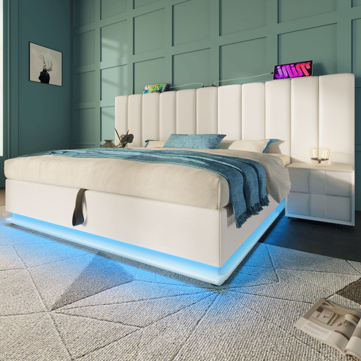 Cama de casal de pu 160x200cm com armazenamento e luz led,branco