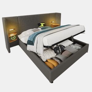 Cama de casal de linho 180x200cm com armazenamento e luz led,cinzento