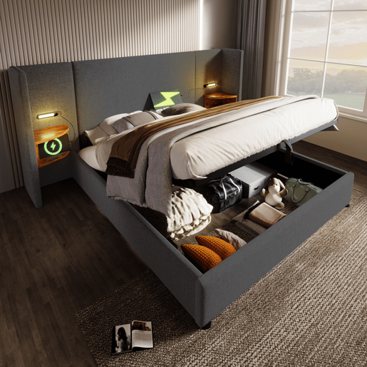 Cama de casal de linho 180x200cm com armazenamento e luz led,cinzento