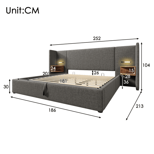 Cama de casal de linho 180x200cm com armazenamento e luz led,cinzento