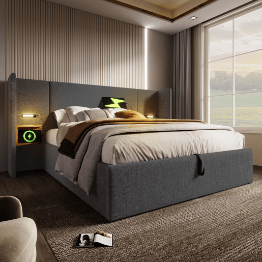 Cama de casal de linho 180x200cm com armazenamento e luz led,cinzento