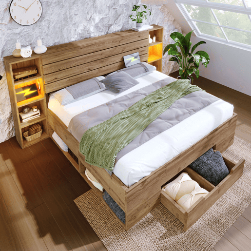 Cama de casal de madeira maciça e metal 180x200cm com 1 gaveta e luz led,natural