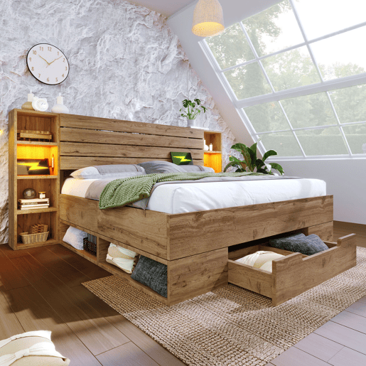 Cama de casal de madeira maciça e metal 180x200cm com 1 gaveta e luz led,natural