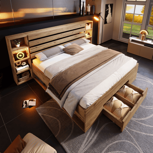 Cama de casal de madeira maciça e metal 180x200cm com 1 gaveta e luz led,natural