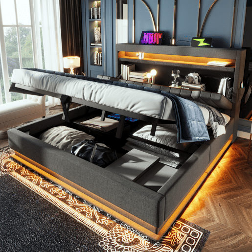 Cama de casal de linho 140x200cm com armazenamento e luz led,cinzento