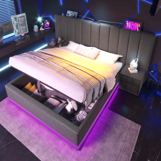 Cama de casal de linho 180x200cm com armazenamento e luz led,cinzento
