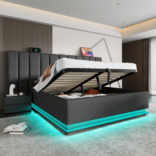 Cama de casal de linho 180x200cm com armazenamento e luz led,cinzento