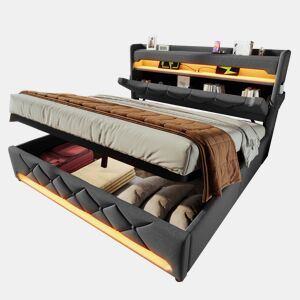 Cama de casal de linho 180x200cm com armazenamento e luz led,cinzento