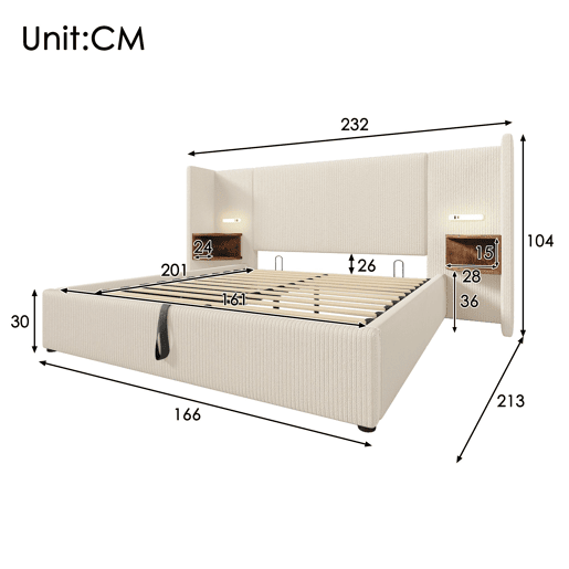 Cama de casal de bombazina 160x200cm com armazenamento e luz led,bege