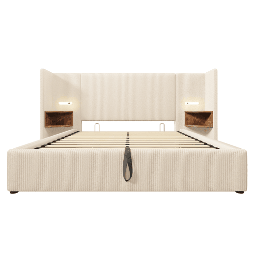 Cama de casal de bombazina 160x200cm com armazenamento e luz led,bege