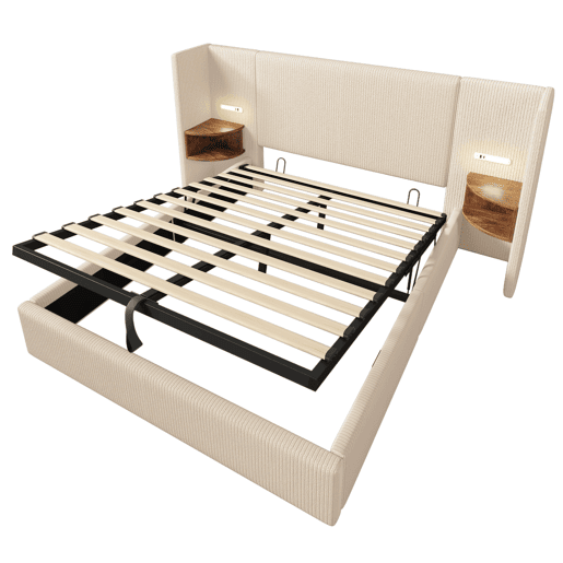 Cama de casal de bombazina 160x200cm com armazenamento e luz led,bege