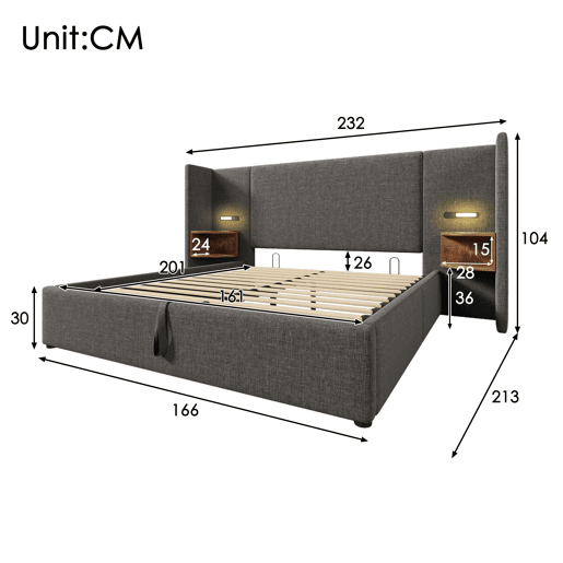 Cama de casal de linho 160x200cm com armazenamento e luz led,cinzento