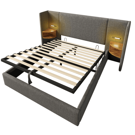 Cama de casal de linho 160x200cm com armazenamento e luz led,cinzento