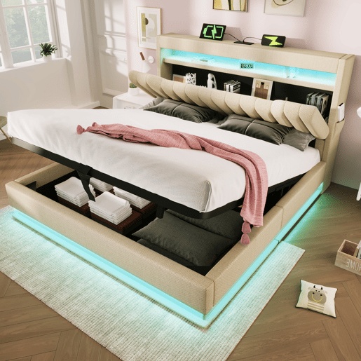 Cama de casal de linho 180x200cm com armazenamento e luz led,bege