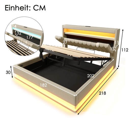 Cama de casal de linho 180x200cm com armazenamento e luz led,bege