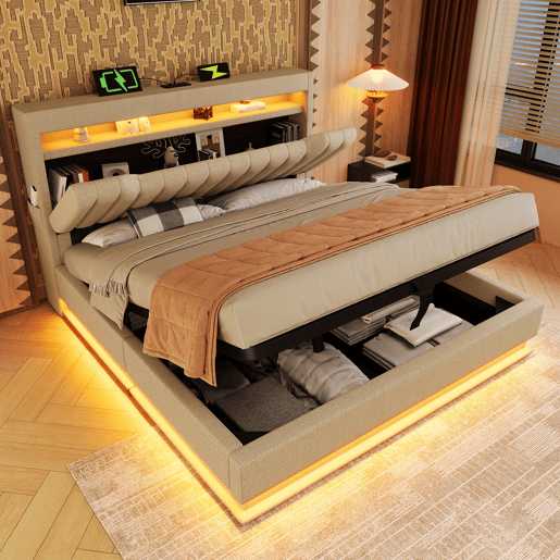 Cama de casal de linho 180x200cm com armazenamento e luz led,bege
