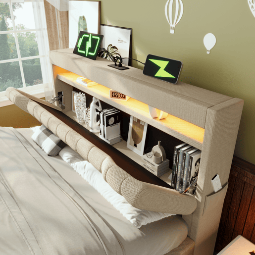 Cama de casal de linho 180x200cm com armazenamento e luz led,bege