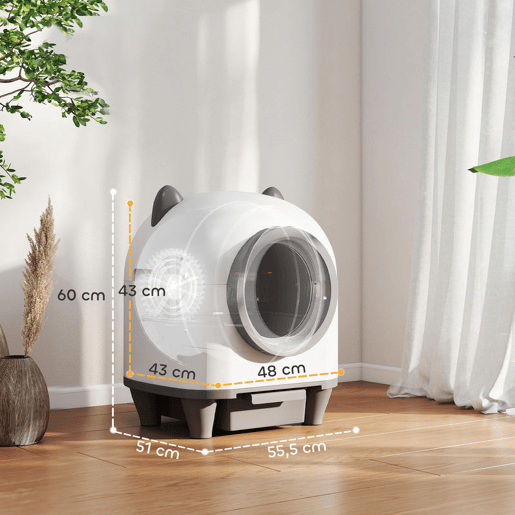 PawHut Caixa de Areia Autolimpante para Gatos 80L Caixa de Areia Autolimpante Eliminação de Odores Controlo por APP Proteção de Segurança 1 Rolo de Sacos do Lixo 55,5x51x60 cm Branco