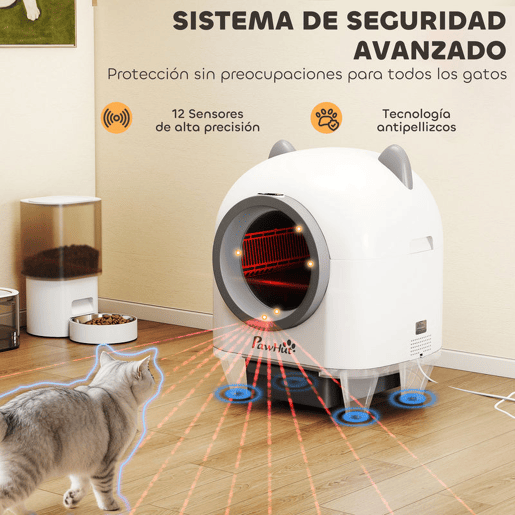 PawHut Caixa de Areia Autolimpante para Gatos 80L Caixa de Areia Autolimpante Eliminação de Odores Controlo por APP Proteção de Segurança 1 Rolo de Sacos do Lixo 55,5x51x60 cm Branco