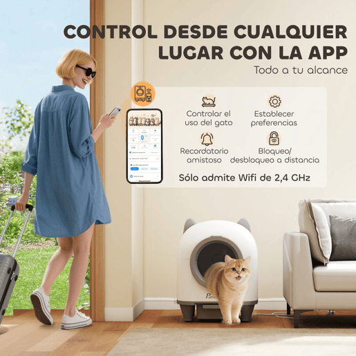PawHut Caixa de Areia Autolimpante para Gatos 80L Caixa de Areia Autolimpante Eliminação de Odores Controlo por APP Proteção de Segurança 1 Rolo de Sacos do Lixo 55,5x51x60 cm Branco