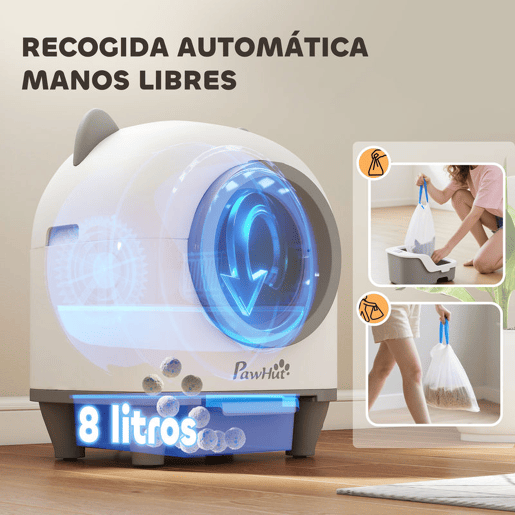 PawHut Caixa de Areia Autolimpante para Gatos 80L Caixa de Areia Autolimpante Eliminação de Odores Controlo por APP Proteção de Segurança 1 Rolo de Sacos do Lixo 55,5x51x60 cm Branco