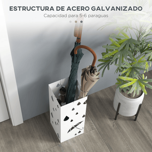 HOMOM Suporte para Guarda-Chuvas Branco com 4 Ganchos e Bandeja de Gotejamento Amovível Porta Guarda-Chuvas para Corredor Entrada 15,5x15,5x41 cm Branco
