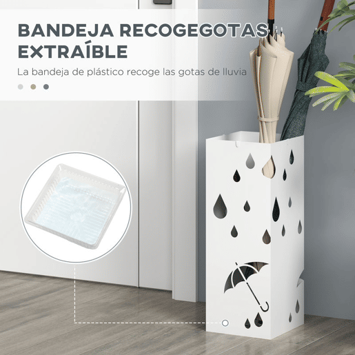 HOMOM Suporte para Guarda-Chuvas Branco com 4 Ganchos e Bandeja de Gotejamento Amovível Porta Guarda-Chuvas para Corredor Entrada 15,5x15,5x41 cm Branco