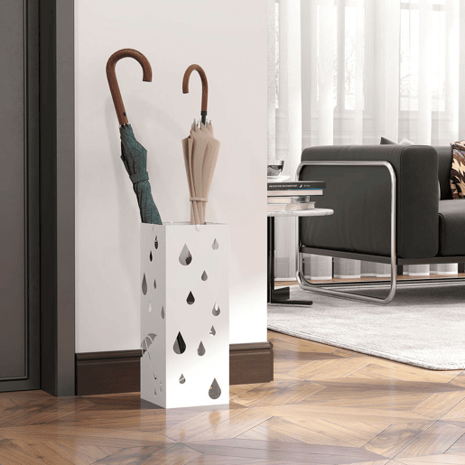 HOMOM Suporte para Guarda-Chuvas Branco com 4 Ganchos e Bandeja de Gotejamento Amovível Porta Guarda-Chuvas para Corredor Entrada 15,5x15,5x41 cm Branco