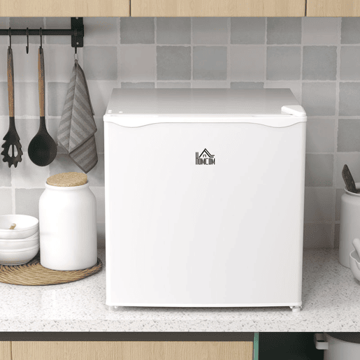 HOMCOM Mini Congelador Vertical 35 L Congelador Pequeno Silencioso com Porta Reversível Temperatura Ajustável e Prateleira Amovível para Casa Escritório 47x44,2x48,8 cm Branco