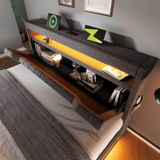 Cama de casal de linho 180x200cm com armazenamento e luz led,cinzento