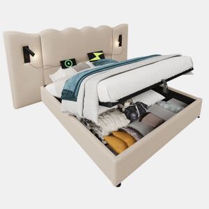 Cama de casal de linho 160x200cm com armazenamento,bege