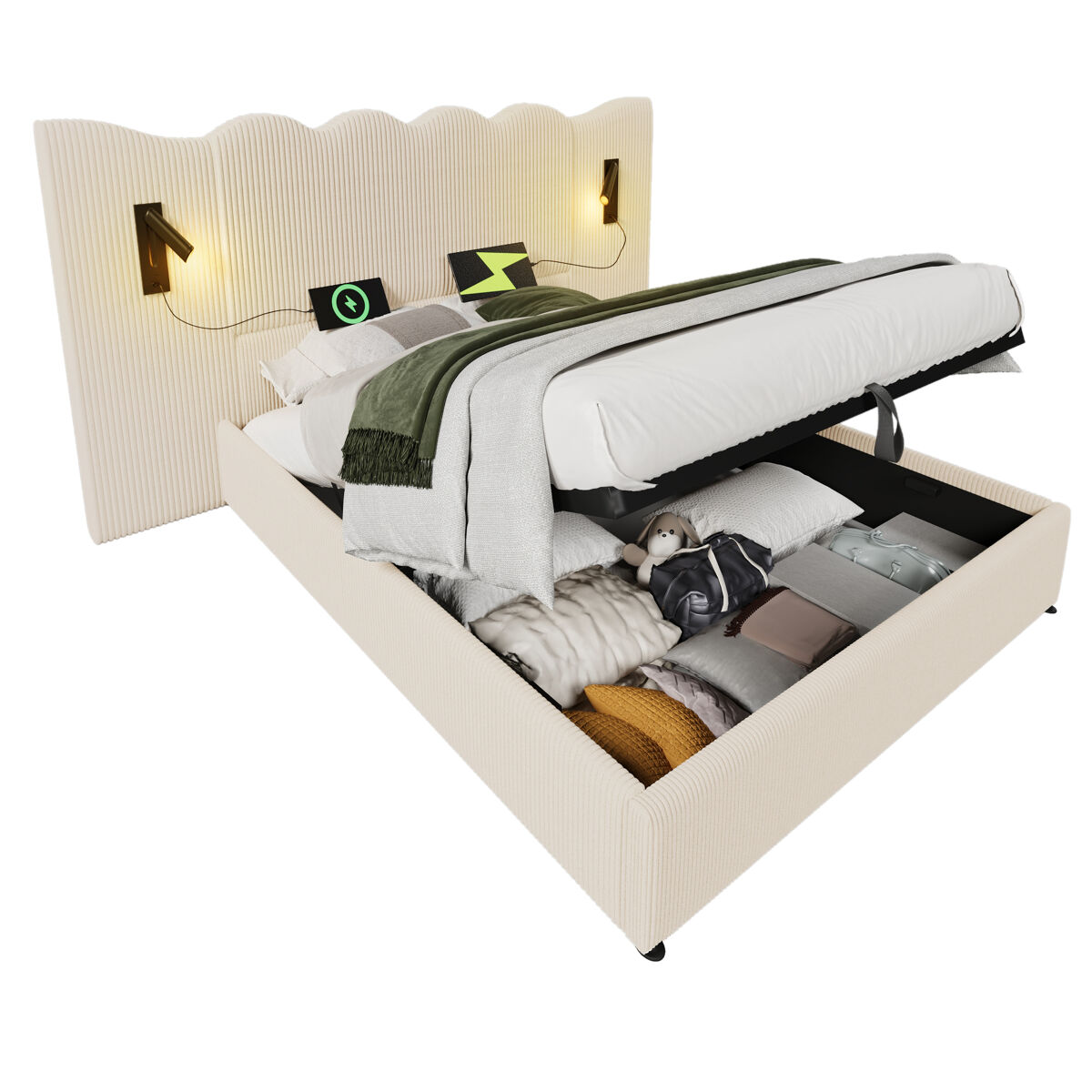 Cama de matrimonio de pana con almacenaje 252x215