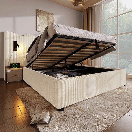 Cama de casal de bombazina 180x200cm com armazenamento,bege