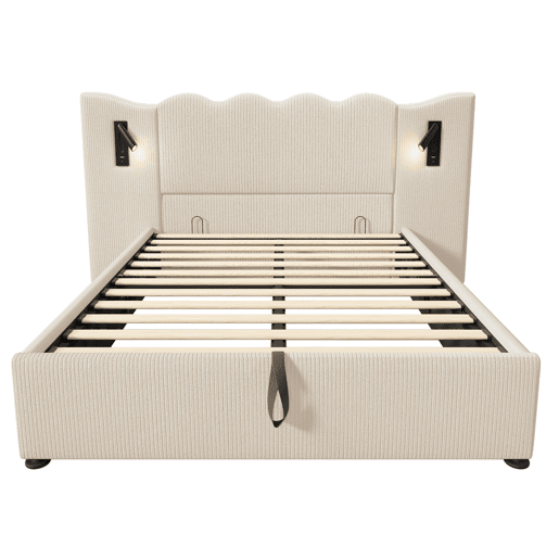 Cama de casal de bombazina 180x200cm com armazenamento,bege