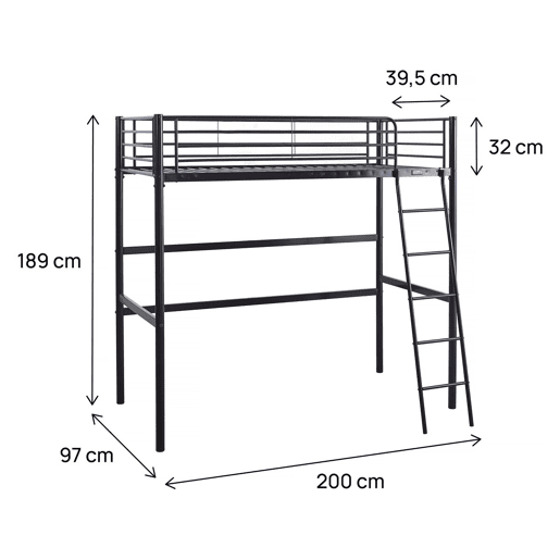Cama alta de metal Alora - 90 x 190 cm - Preto