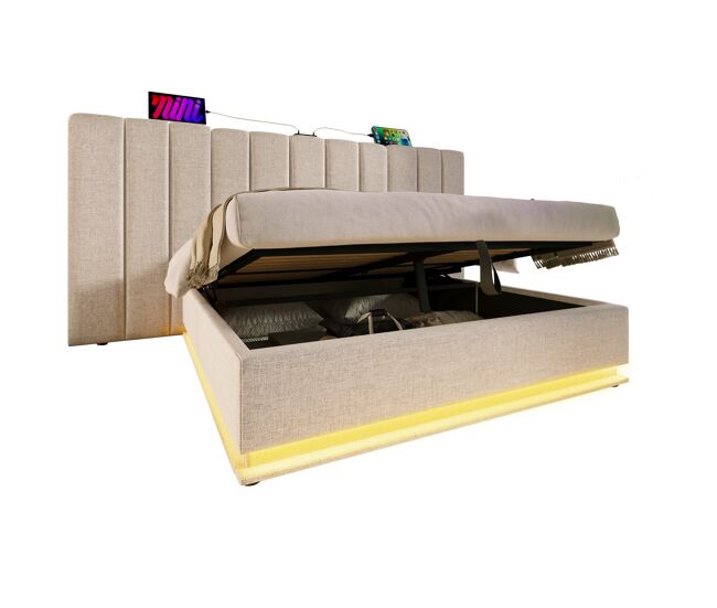 Cama de matrimonio de lino 180x200cm con almacenaje y luz led,beige