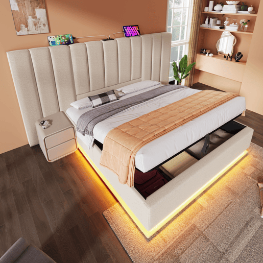 Cama de casal de linho 180x200cm com armazenamento e luz led,bege
