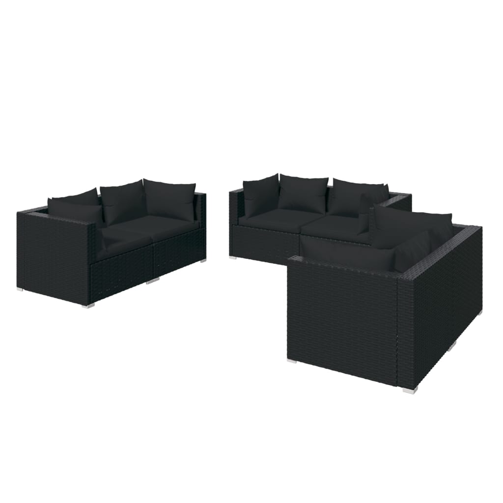 Set de muebles de jardín 6 pzas y cojines ratán sintético negro