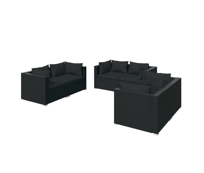 Set de muebles de jardín 6 pzas y cojines ratán sintético negro