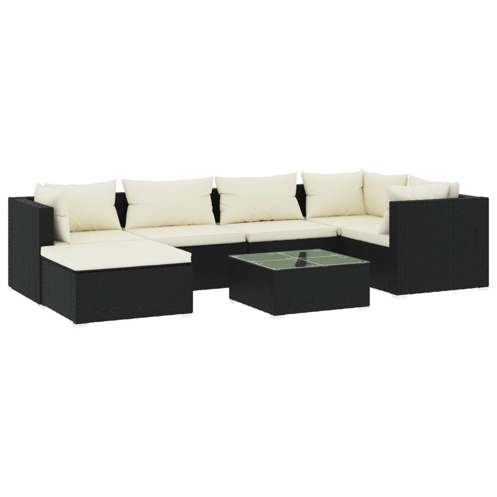 Set de muebles de jardín 7 pzas y cojines ratán sintético negro