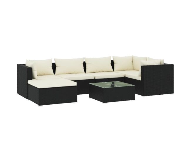 Set de muebles de jardín 7 pzas y cojines ratán sintético negro