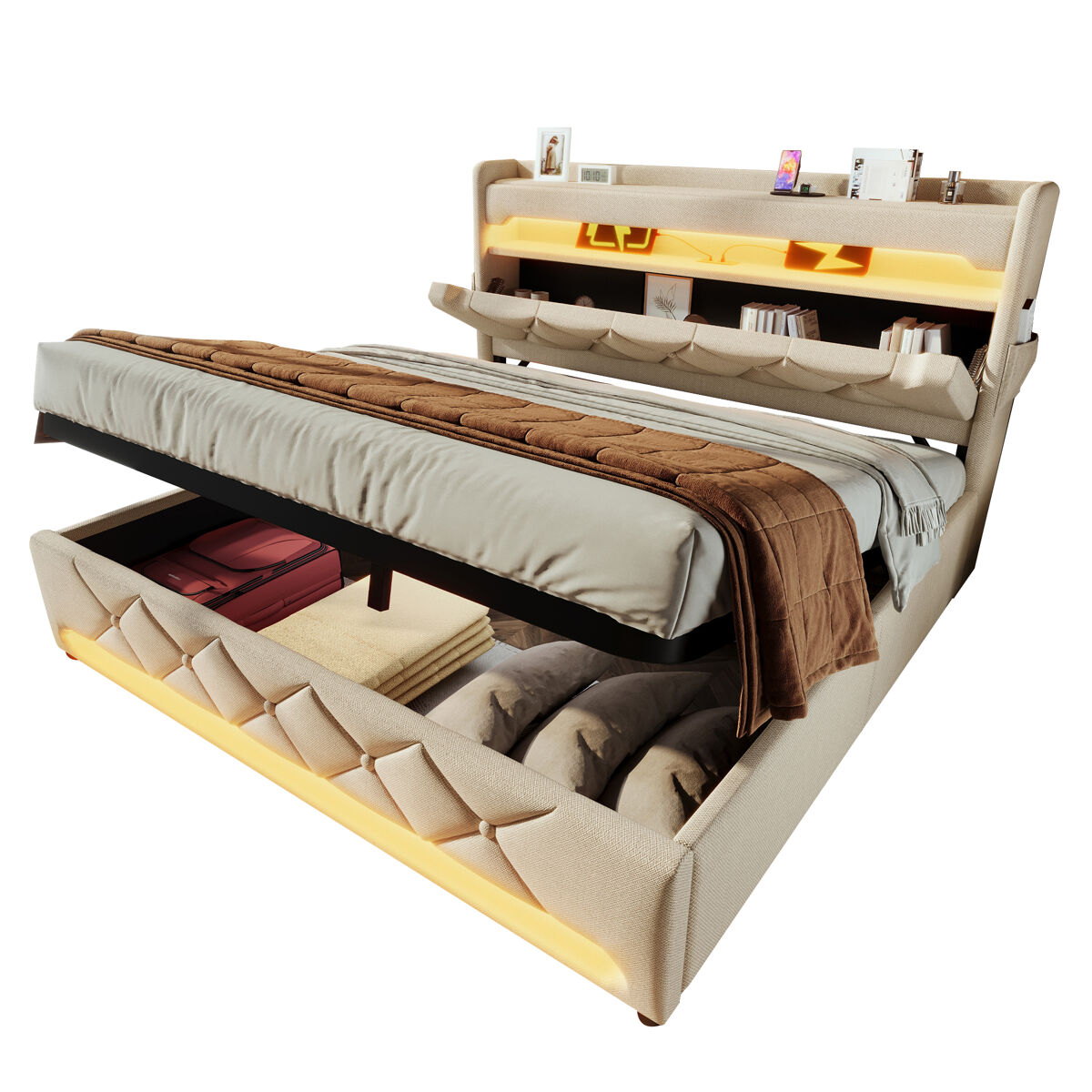 Cama de matrimonio de lino con almacenaje 146x225