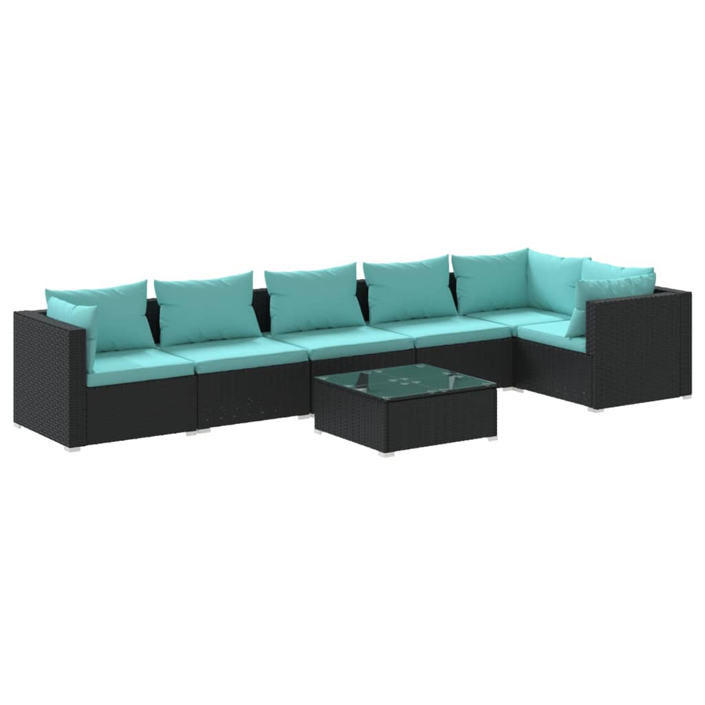 Set de muebles de jardín 7 pzas y cojines ratán sintético negro