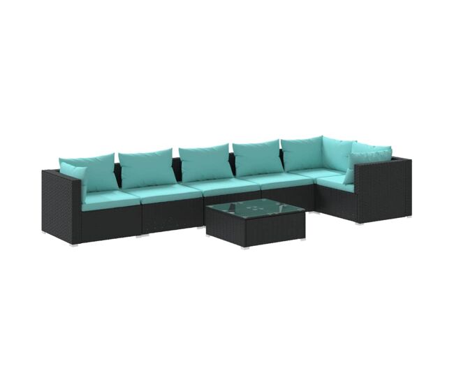 Set de muebles de jardín 7 pzas y cojines ratán sintético negro
