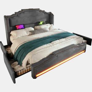 Cama de casal de veludo 180x200cm com 4 gavetas e luz led,cinzento