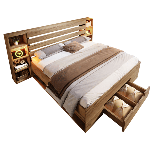 Cama de casal de madeira maciça e metal 160x200cm com 1 gaveta e luz led,natural