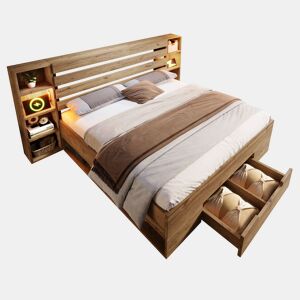 Cama de casal de madeira maciça e metal 160x200cm com 1 gaveta e luz led,natural