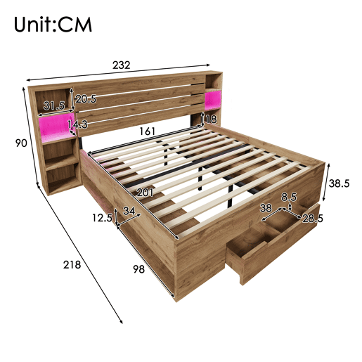 Cama de casal de madeira maciça e metal 160x200cm com 1 gaveta e luz led,natural