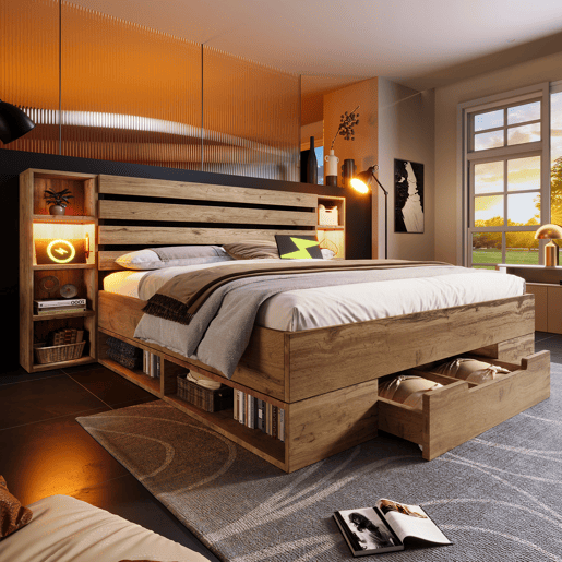 Cama de casal de madeira maciça e metal 160x200cm com 1 gaveta e luz led,natural